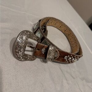 Studded Western-Style Brown Haircalf Belt with Silver Buckle